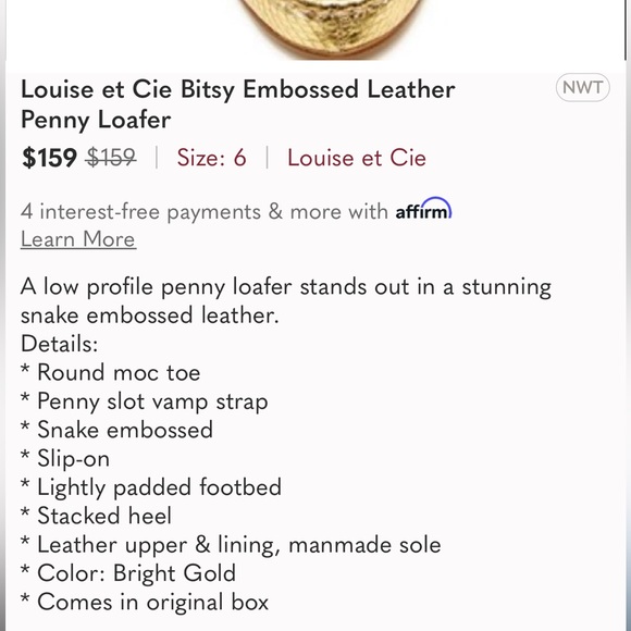 💗Louise Et Cie Gold Metallic Snake Embossed Leather Penny Loafers - size 9. - Picture 13 of 14